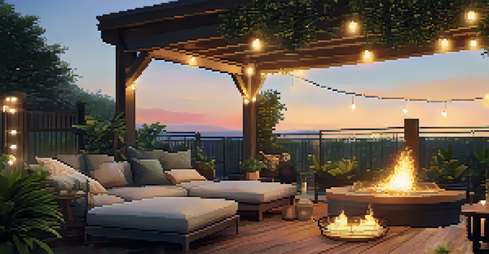 An outdoor living area with a deck, fire pit, and sunset lighting.