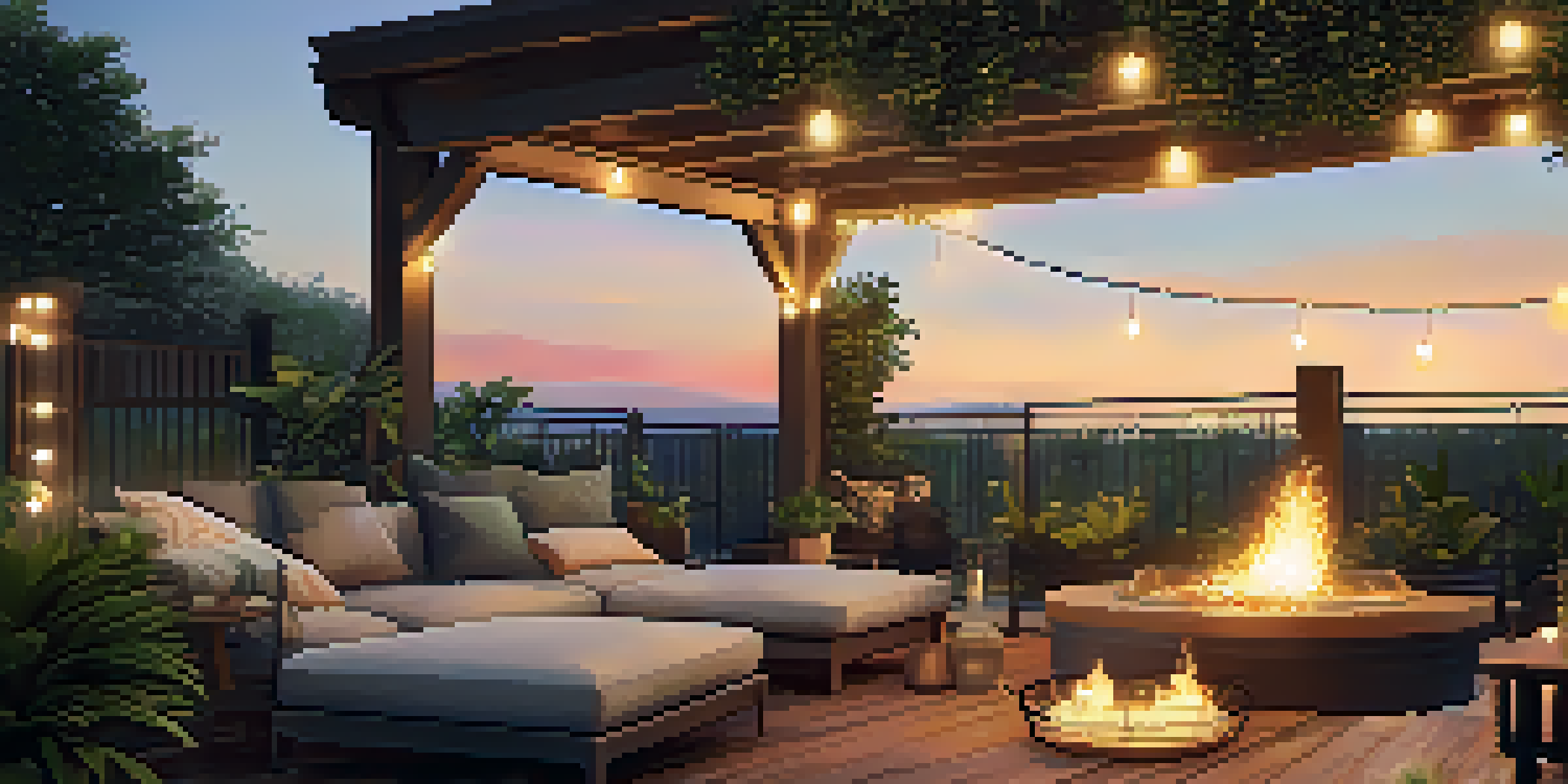 An outdoor living area with a deck, fire pit, and sunset lighting.
