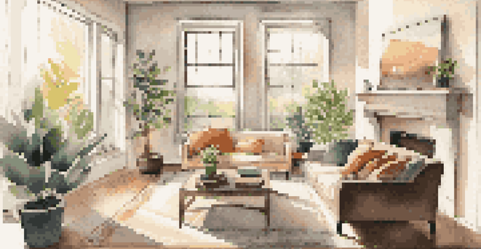 A cozy living room with a sofa, coffee table, and fireplace, illuminated by sunlight from large windows.