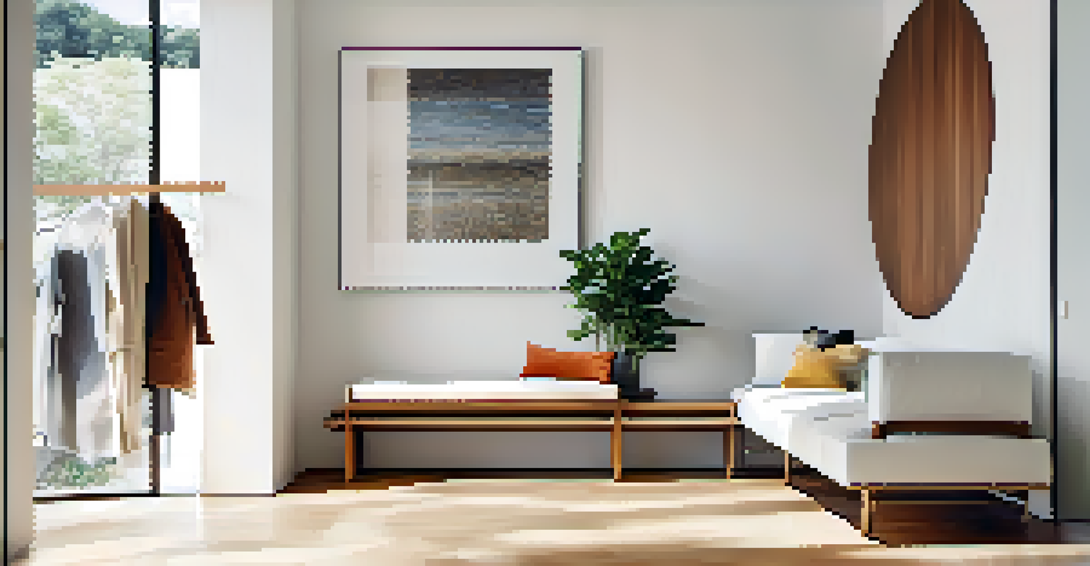 An entryway with high-gloss white walls, polished wood flooring, a modern bench, and a coat rack.