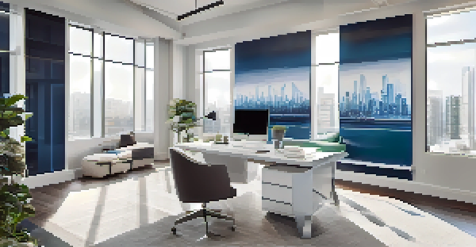 A bright and modern real estate office with charts and reports on a desk, framed luxury home photos on the walls, and a digital screen showing analytics.