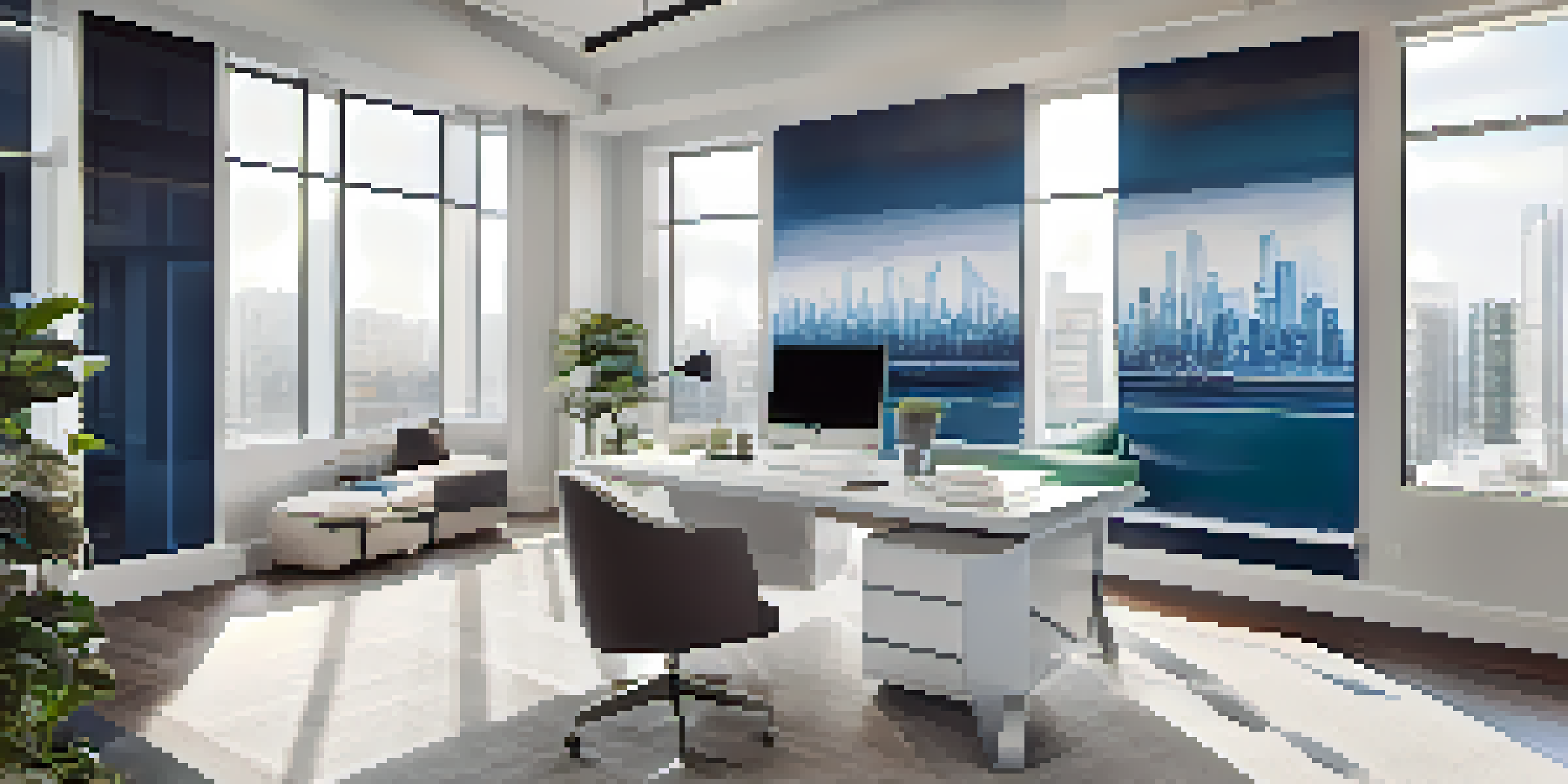 A bright and modern real estate office with charts and reports on a desk, framed luxury home photos on the walls, and a digital screen showing analytics.