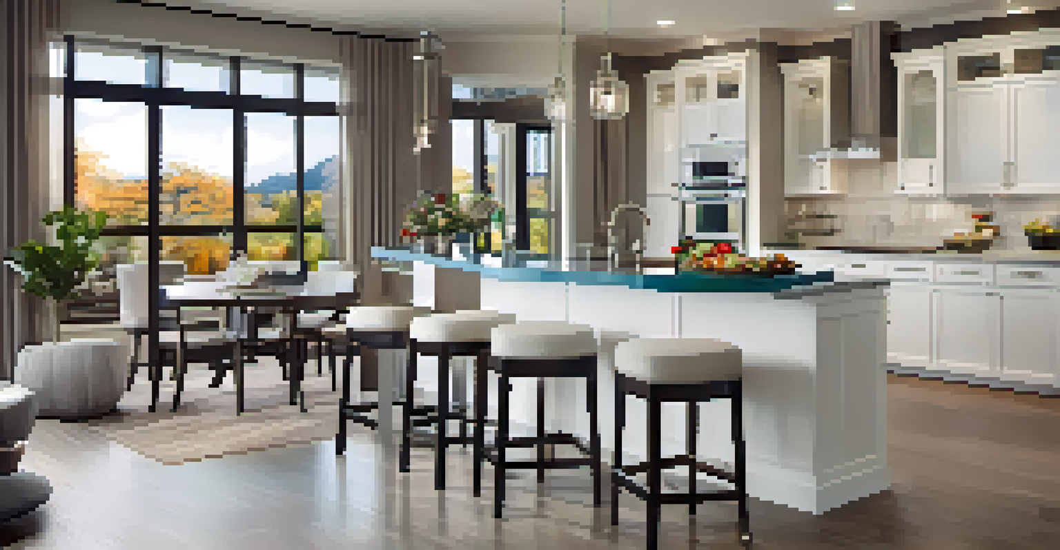 An elegant open concept kitchen and dining area with a white island and a round dining table set for four.