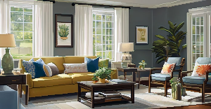 A cozy living room designed for multi-generational living, featuring a comfortable sofa, a dining table, and family photos on the walls.