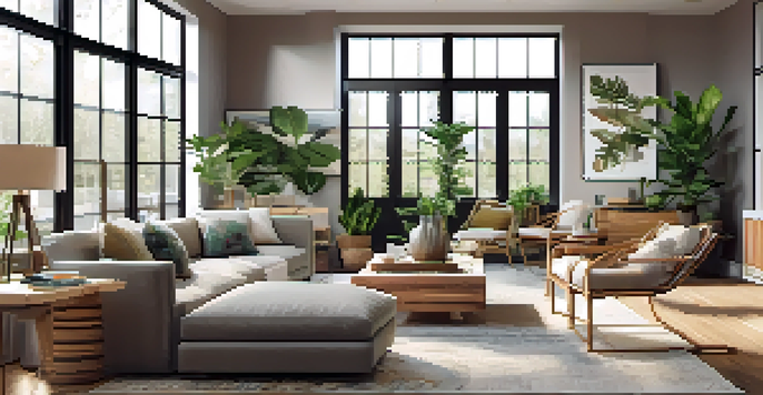 A bright and airy modern living room with large windows, houseplants, and reclaimed wood furniture, showcasing an open concept design.