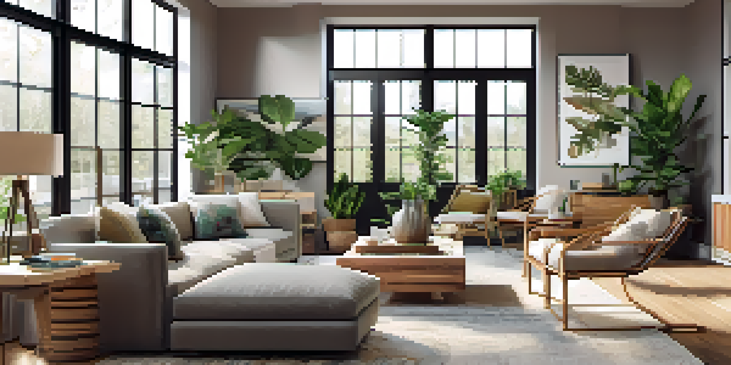 A bright and airy modern living room with large windows, houseplants, and reclaimed wood furniture, showcasing an open concept design.