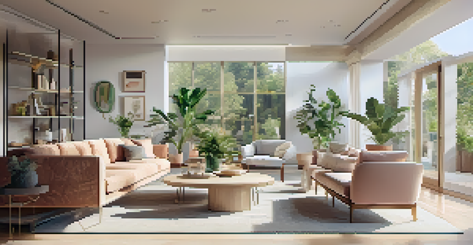 A spacious living room filled with natural light from large windows, featuring soft pastel furniture and various indoor plants, creating a refreshing and inviting atmosphere.
