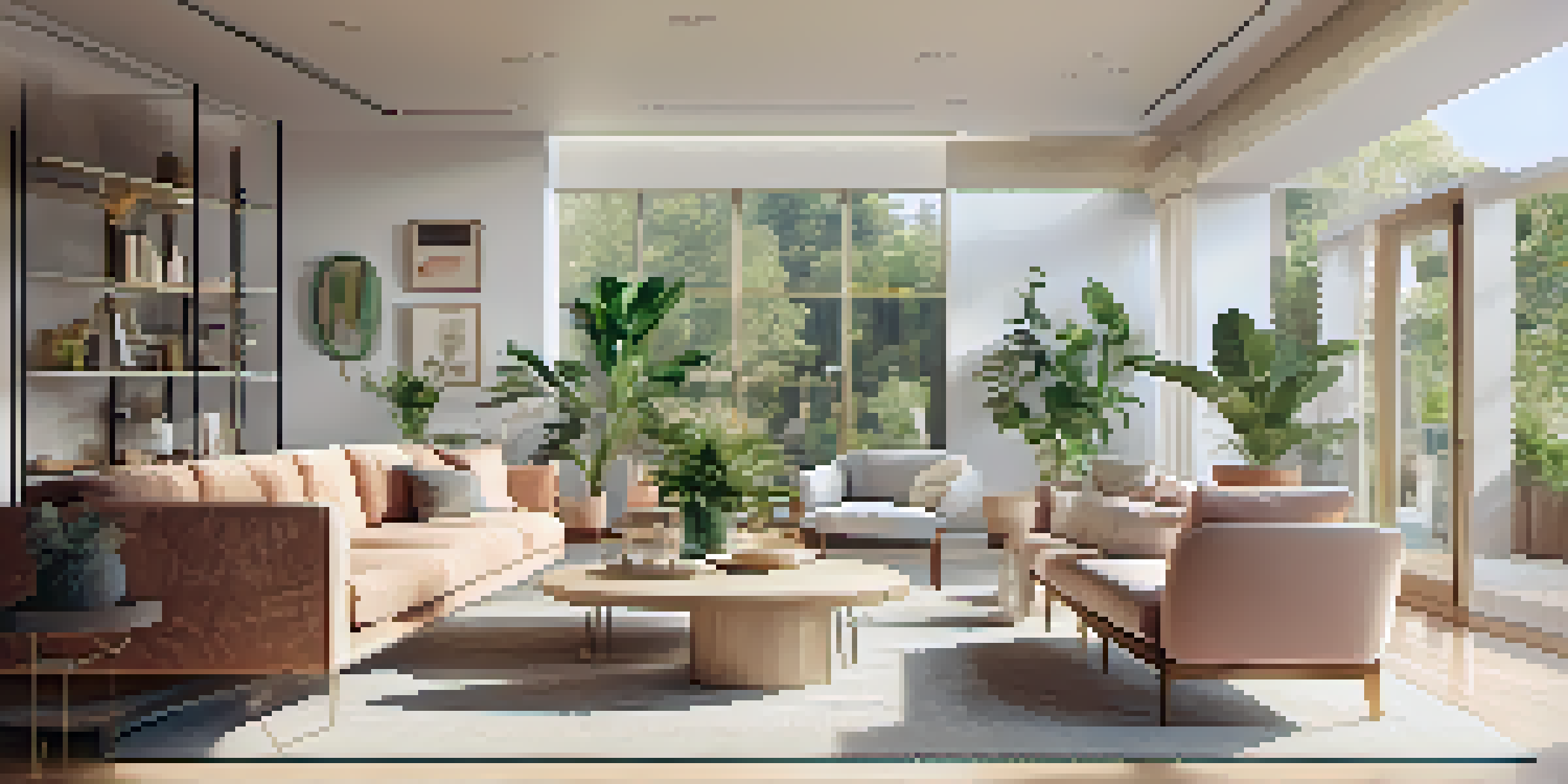 A spacious living room filled with natural light from large windows, featuring soft pastel furniture and various indoor plants, creating a refreshing and inviting atmosphere.
