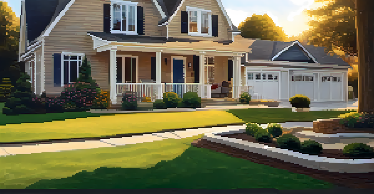 An outdoor view of a front yard with a security camera and a smartphone showing a motion alert notification against a sunset.