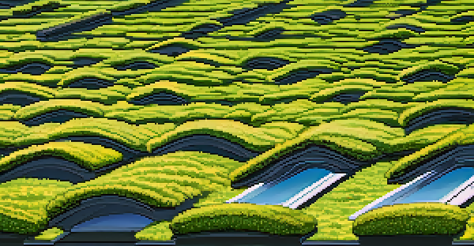 A close-up view of a rooftop with green moss, leaves, and a clear blue sky.