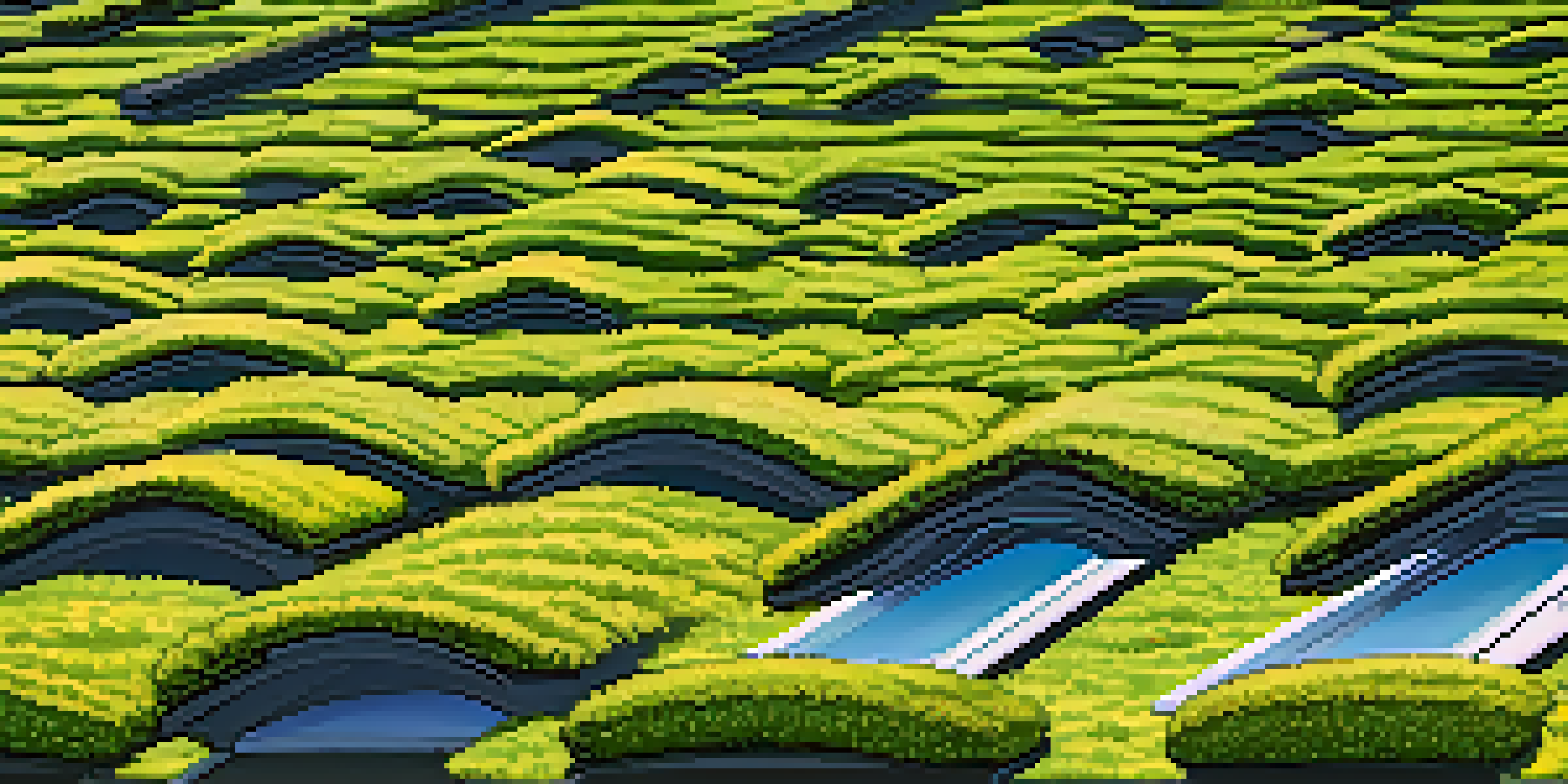 A close-up view of a rooftop with green moss, leaves, and a clear blue sky.