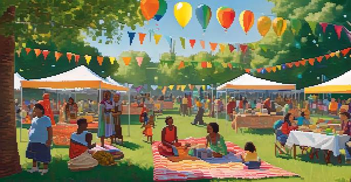 A community picnic in a park with diverse tenants enjoying food and activities under the sun.