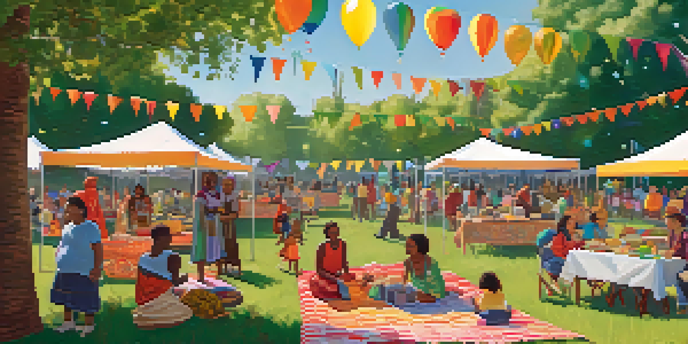 A community picnic in a park with diverse tenants enjoying food and activities under the sun.