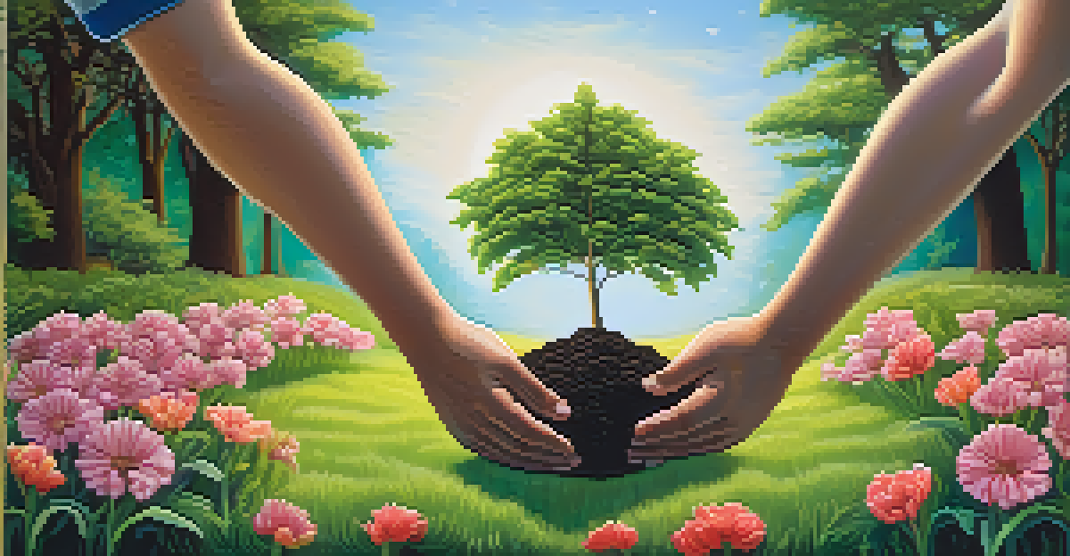 Hands planting a young tree in a vibrant garden, representing growth.