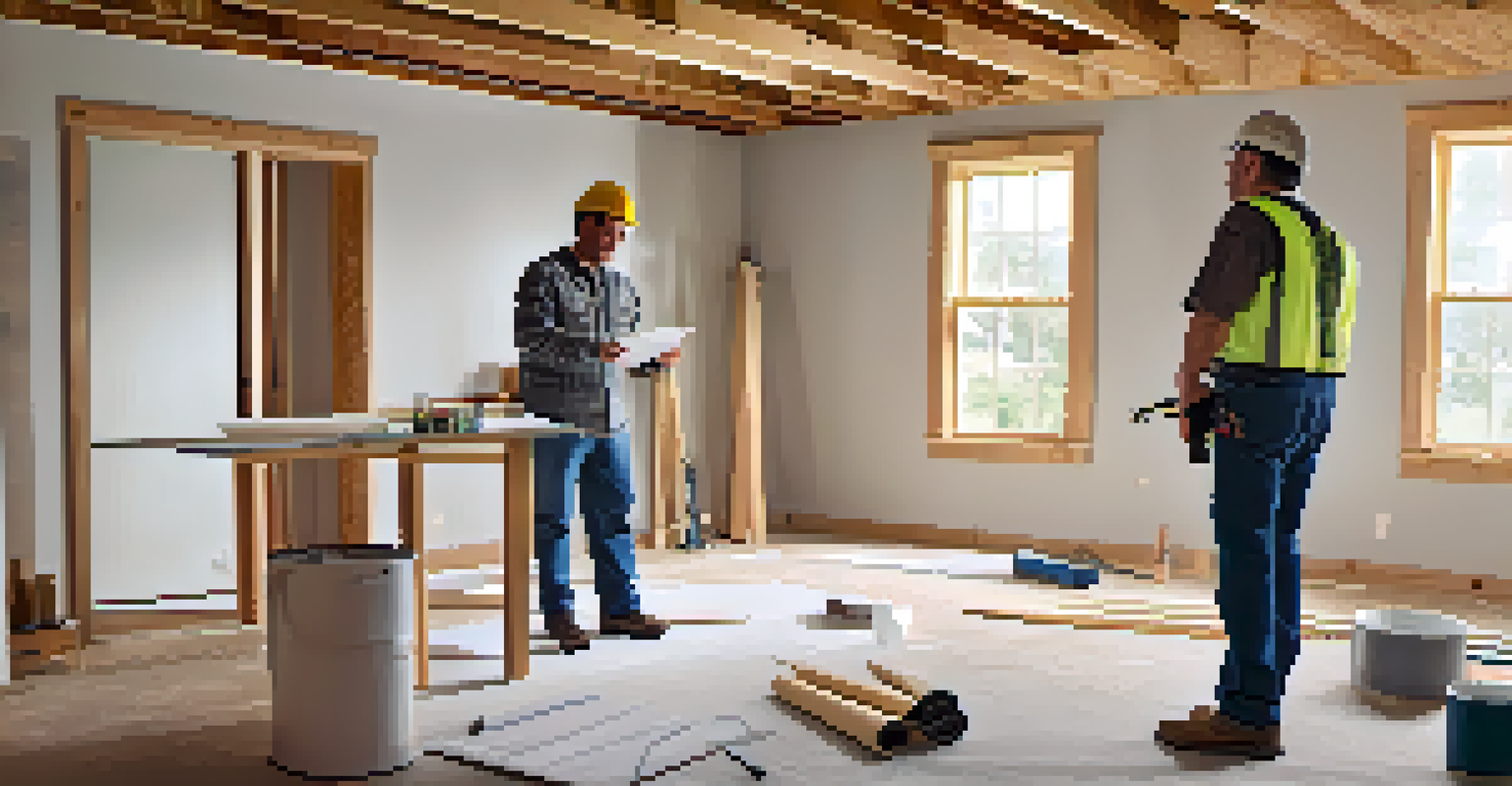 A contractor and homeowner discussing renovation plans in a room with soundproof drywall and insulation materials, emphasizing collaboration.