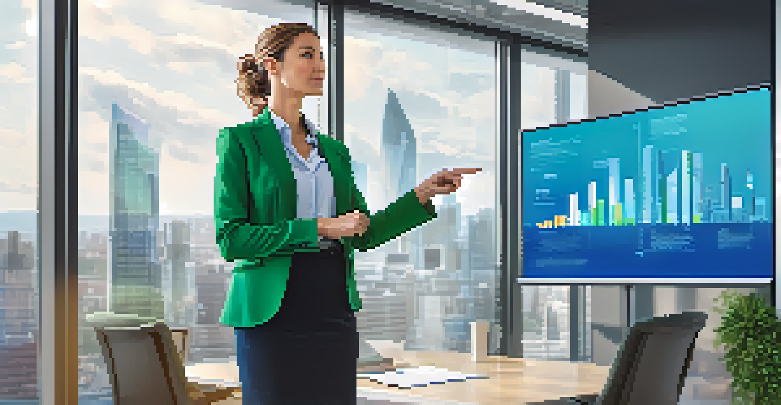 A confident businesswoman presenting an offer in an office, with a city view in the background and graphs on a presentation slide.