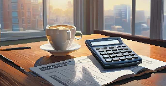 A modern calculator showing interest rates and inflation percentages, with financial documents and a cup of coffee on a wooden desk, illuminated by soft natural light.