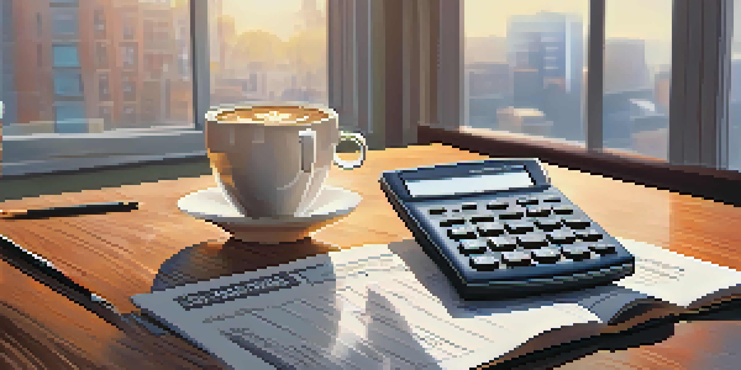 A modern calculator showing interest rates and inflation percentages, with financial documents and a cup of coffee on a wooden desk, illuminated by soft natural light.