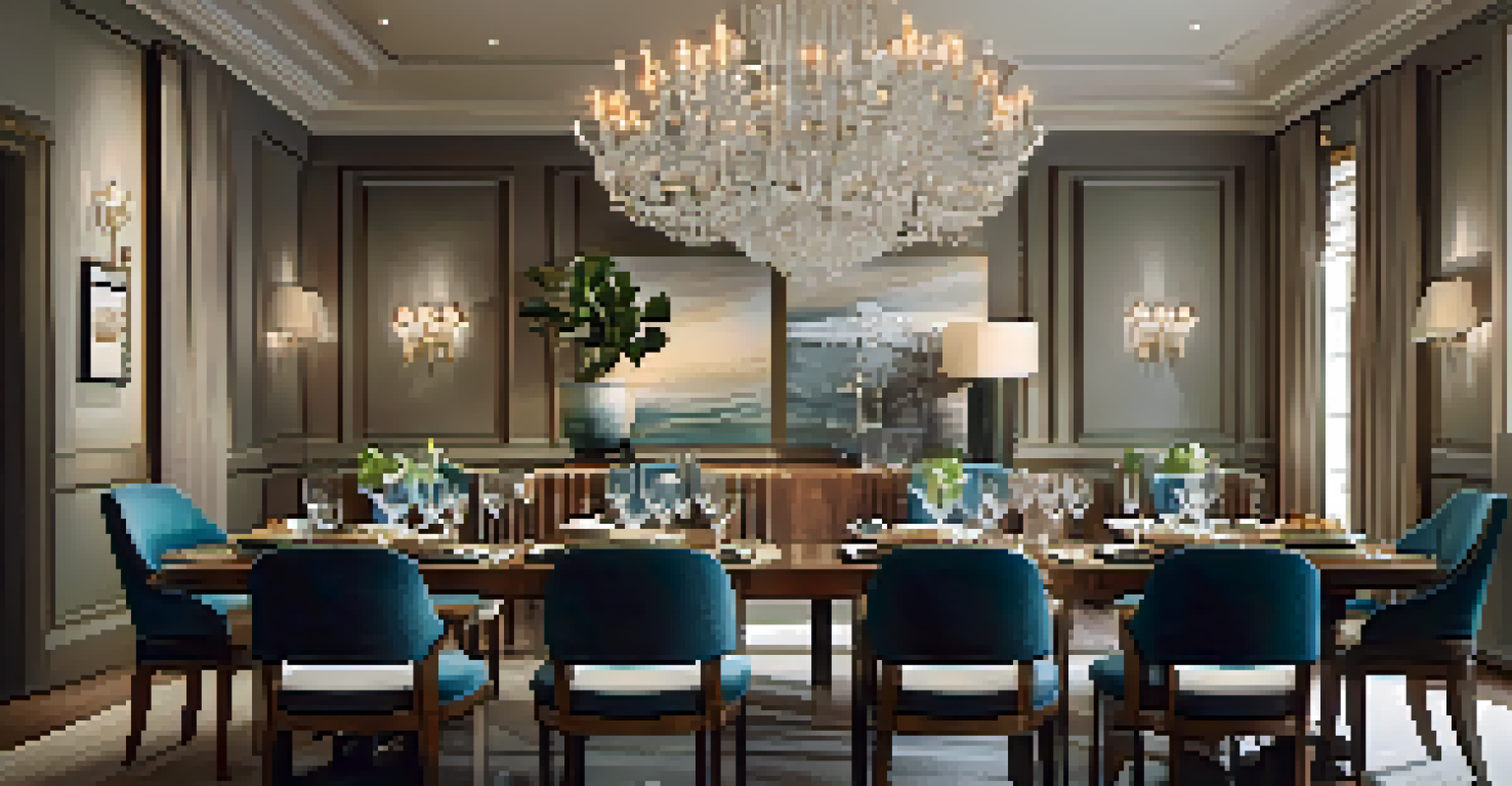 An elegant dining area with a wooden table set for a meal and a chandelier overhead.