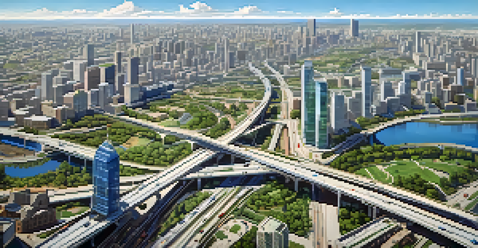 An aerial view of a city highlighting infrastructure development with roads, parks, and transit lines.