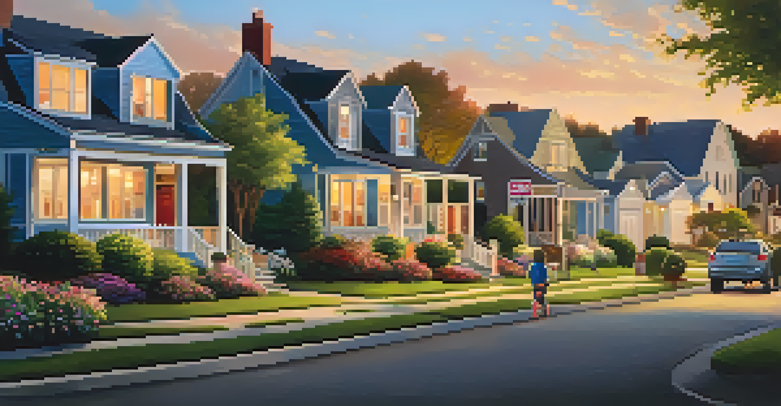 A suburban neighborhood with homes for rent and families enjoying the park during sunset.