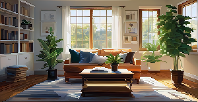 A warm and inviting living room with a modern sofa, coffee table, and sunlight coming through a window.