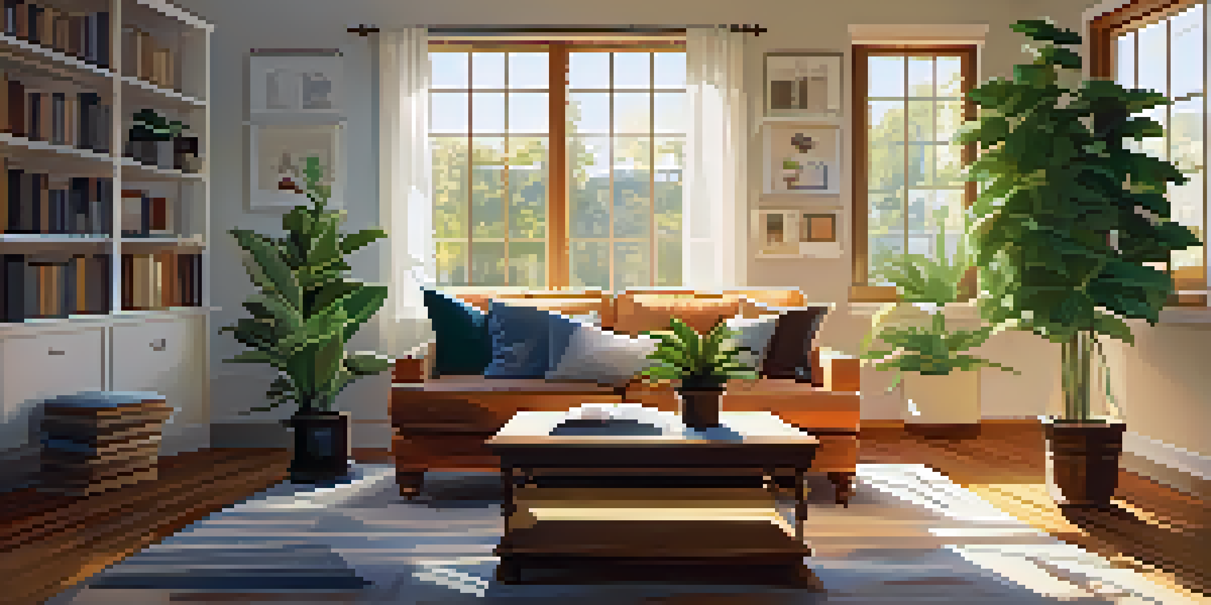 A warm and inviting living room with a modern sofa, coffee table, and sunlight coming through a window.