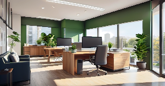 A contemporary property management office with a large desk, computer, and bright sunlight filtering through windows.
