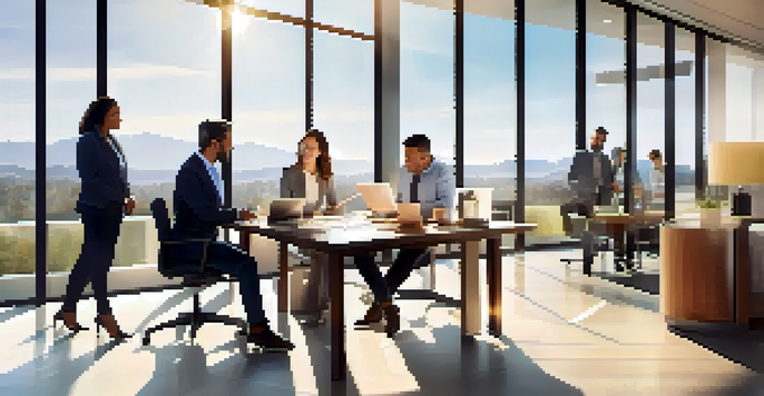 A modern real estate office with diverse professionals discussing property documents around a table.