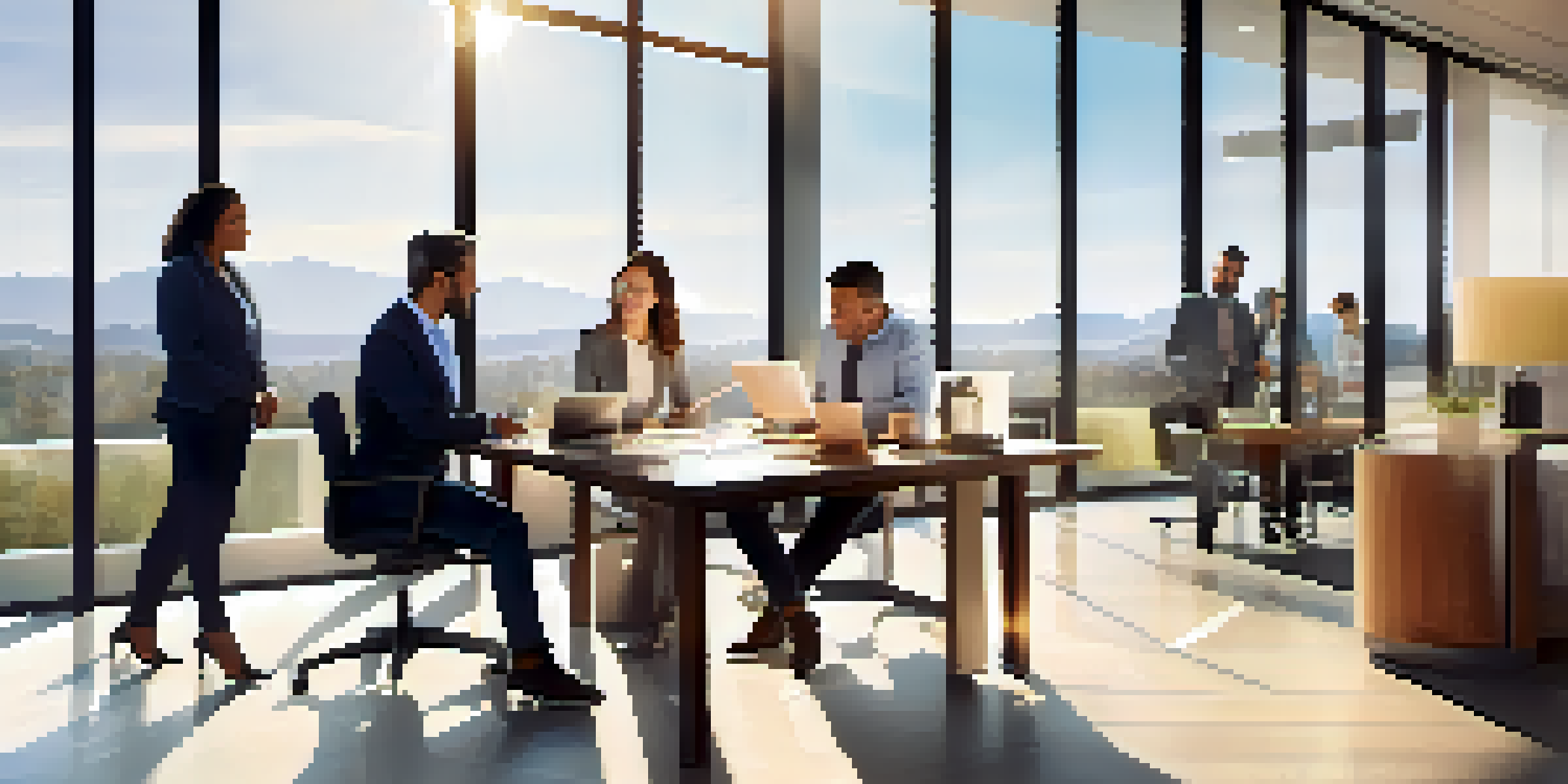 A modern real estate office with diverse professionals discussing property documents around a table.