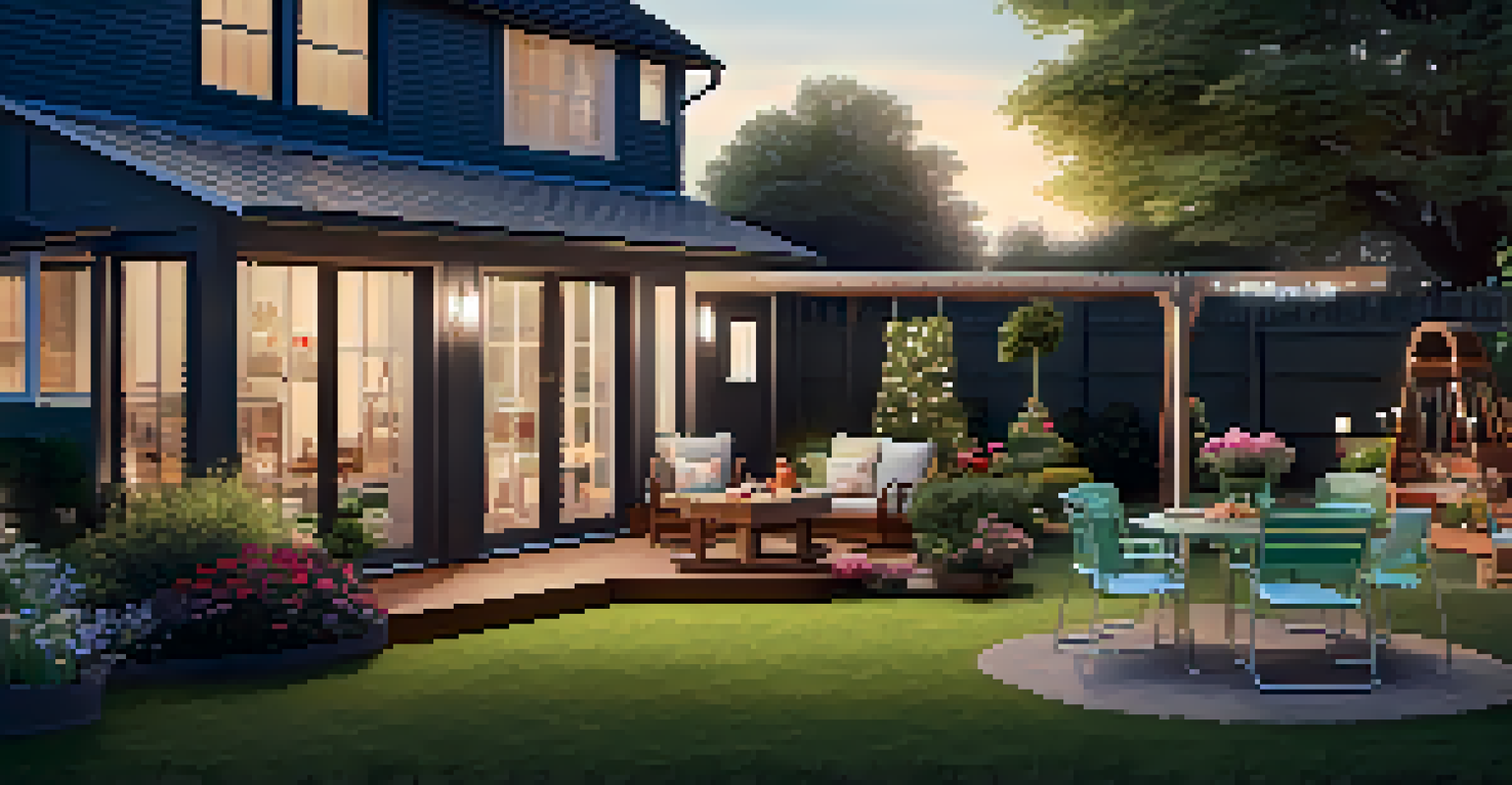 A family-friendly backyard with a barbecue area, play set for children, and blooming flowers, illuminated by evening light.