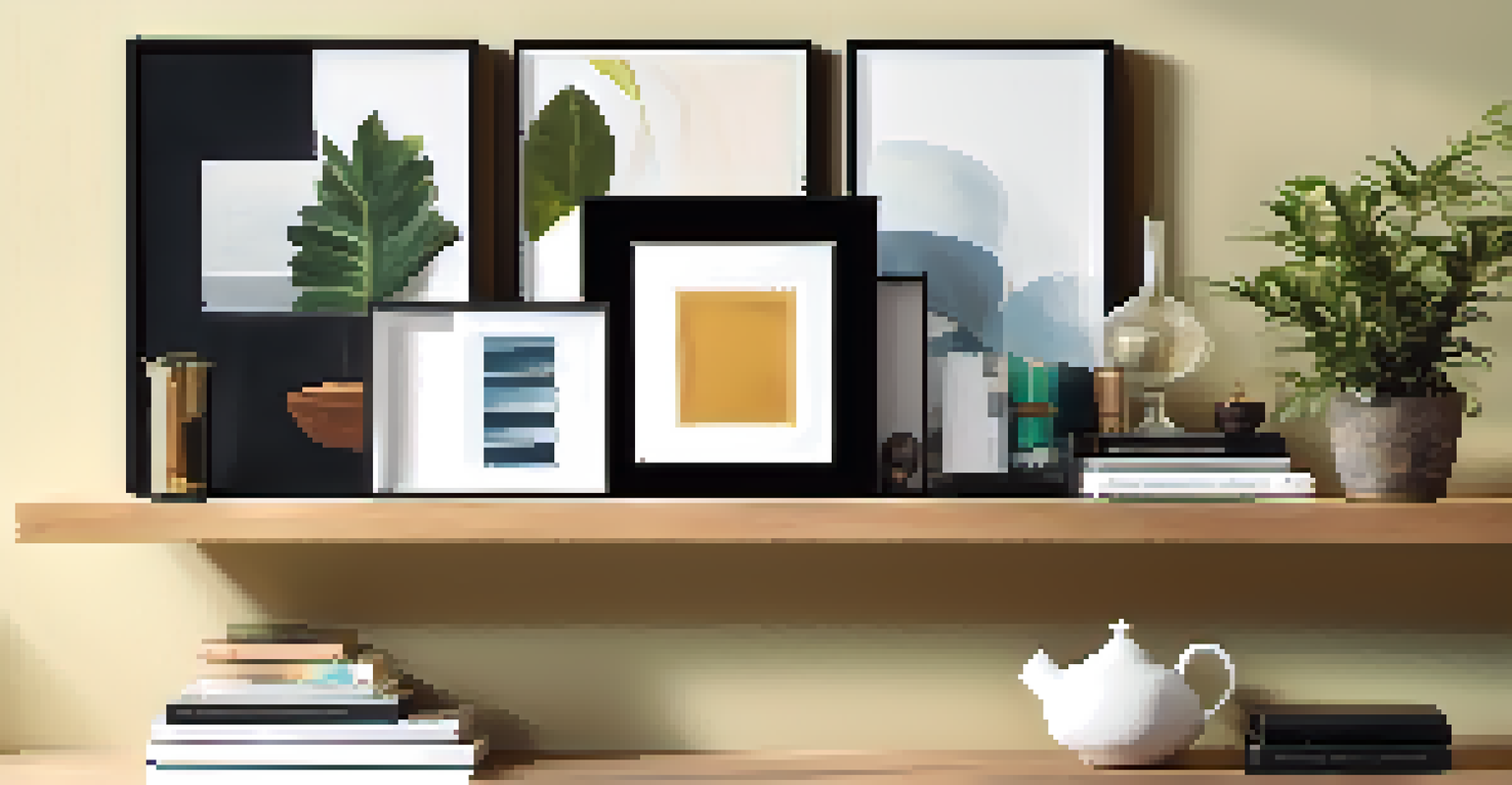 A contemporary floating shelf displaying layered artworks of various sizes, along with decorative items like plants and books.