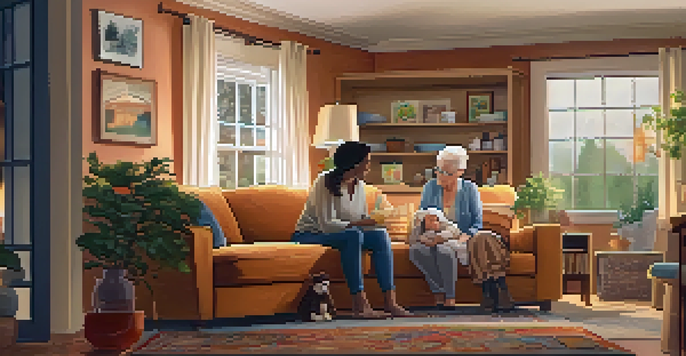 A multi-generational family scene in a living room, with a grandmother and child on a sofa and parents in the kitchen.