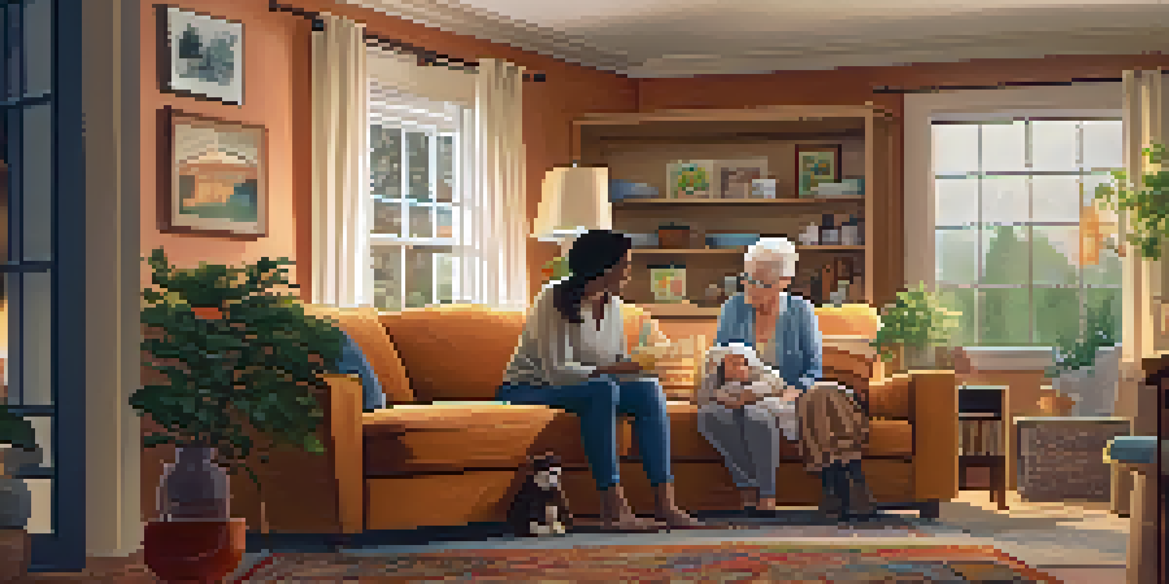 A multi-generational family scene in a living room, with a grandmother and child on a sofa and parents in the kitchen.