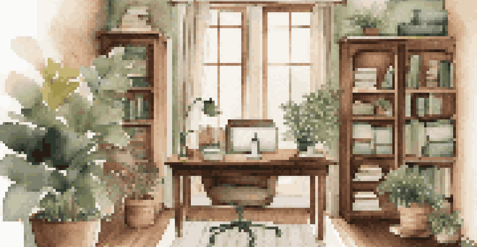 A cozy home office with organized bookshelves and a stylish desk by a window, enhanced by warm lighting and indoor plants.