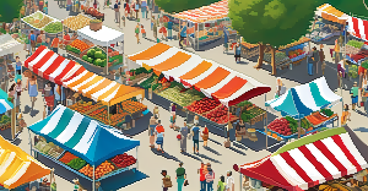 An aerial view of a busy farmers' market with stalls of fresh produce and engaged customers.