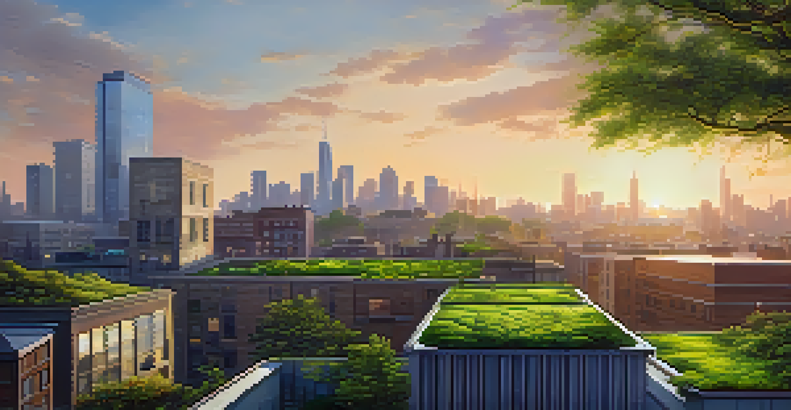 A city skyline with multiple buildings having green roofs during sunset.