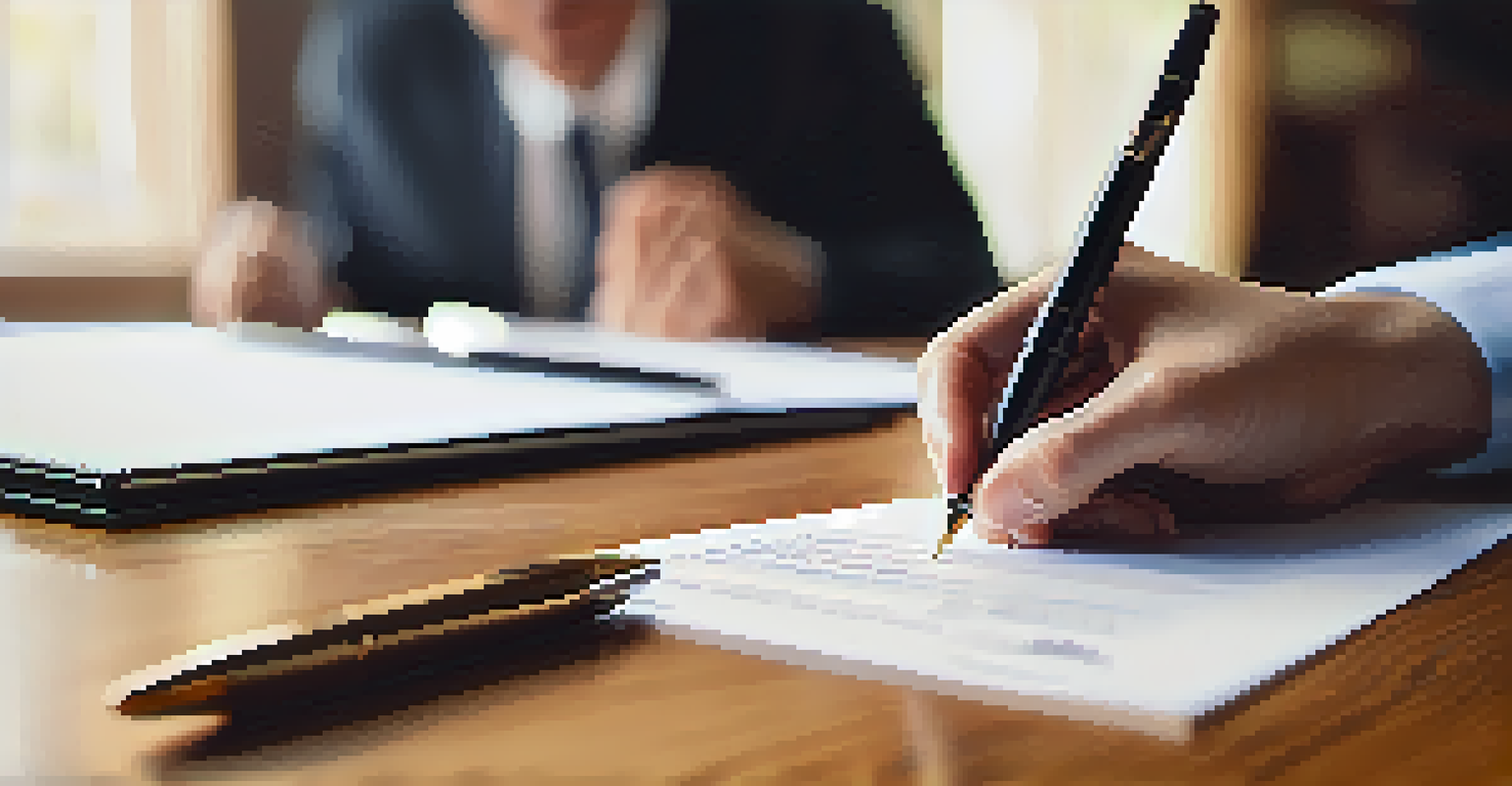 A close-up of a hand signing a property contract on a wooden table, with a house and calculator in the background.