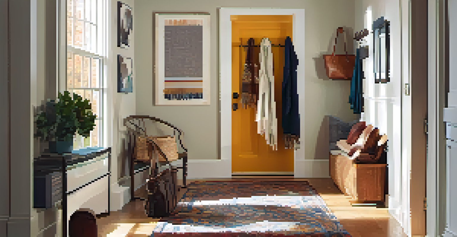 A cozy entryway with a vibrant area rug, wall-mounted hooks for coats, and warm sunlight filtering through the doorway.