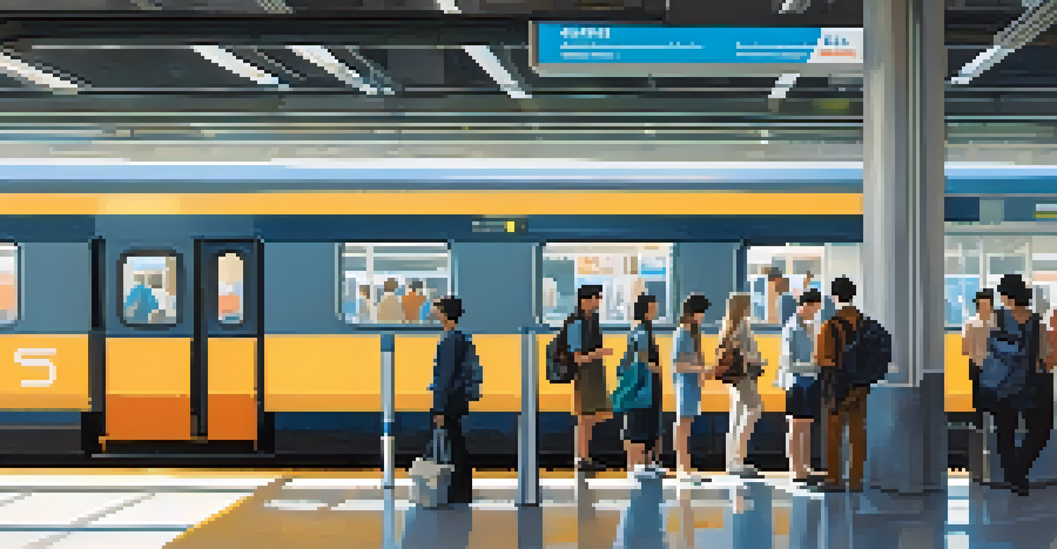 A modern public transport station with commuters waiting for a train, bright natural light, and a clean design.
