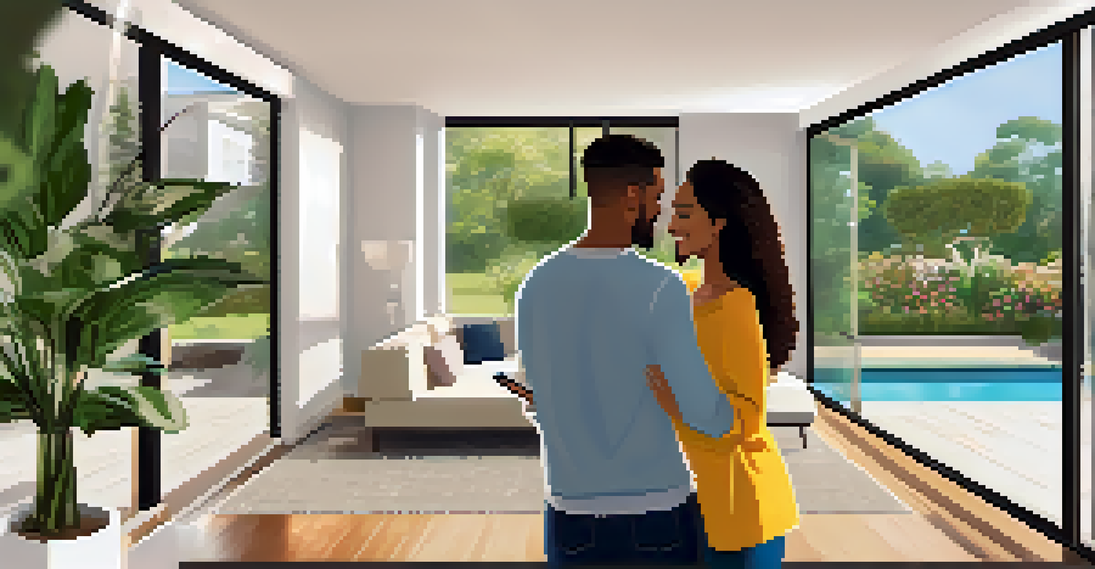A couple enthusiastically exploring a property using a tablet, with a beautifully decorated room in the background.