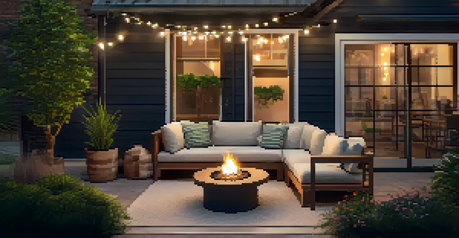 A beautifully arranged outdoor patio with modern furniture and a fire pit, surrounded by greenery and illuminated by string lights.