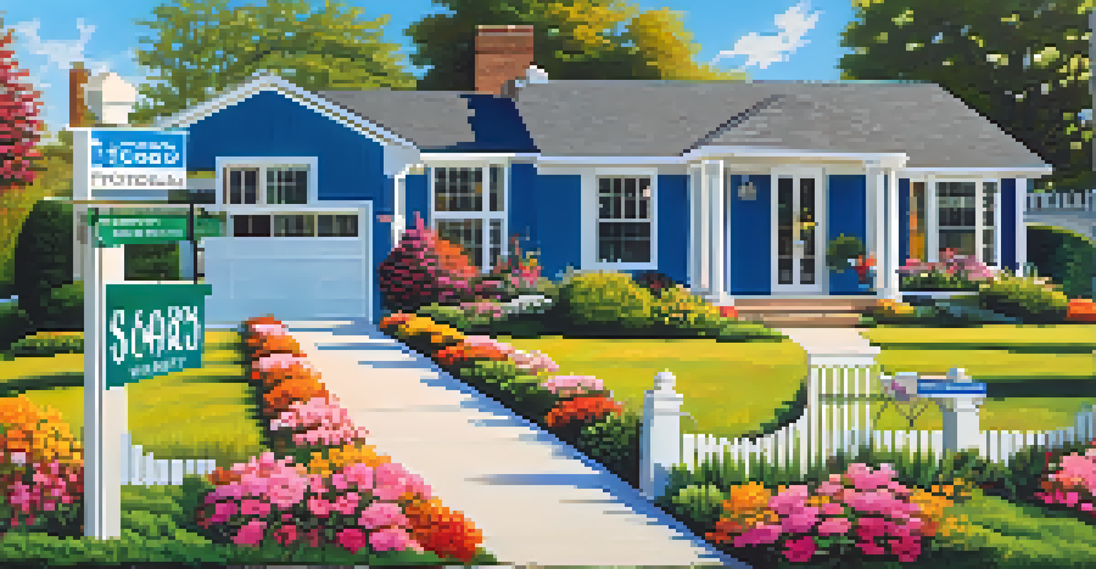 A house for sale with a 'Home Warranty Included' sign in a colorful garden under a blue sky, attracting potential buyers.