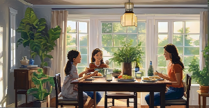A family of four enjoying a meal together in a cozy dining room, surrounded by personal decor and warm lighting.