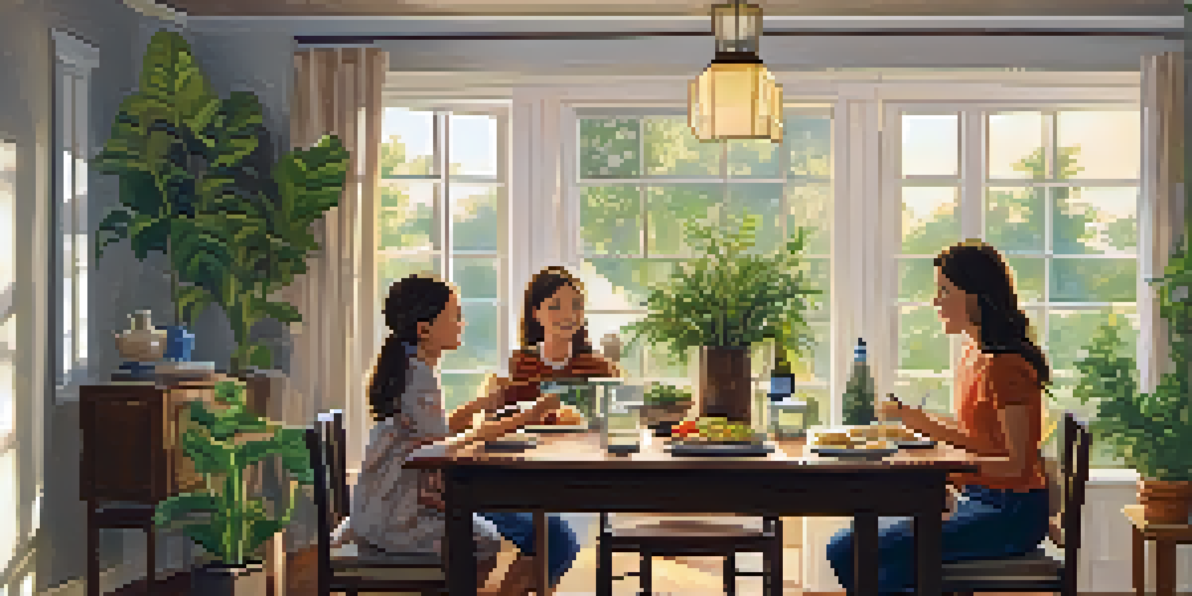 A family of four enjoying a meal together in a cozy dining room, surrounded by personal decor and warm lighting.