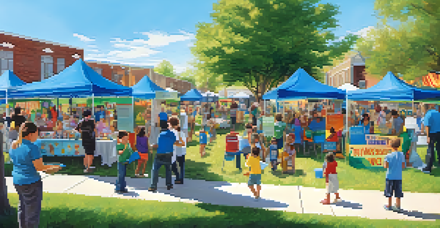 A community resource fair with families interacting at booths and children playing outdoors.