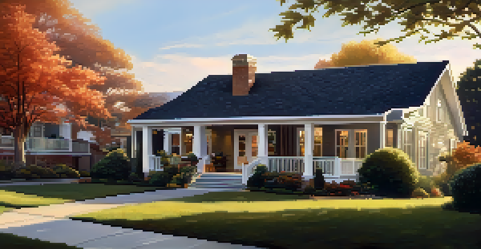 A suburban home with smart security cameras, illuminated by warm evening light, surrounded by beautiful landscaping.