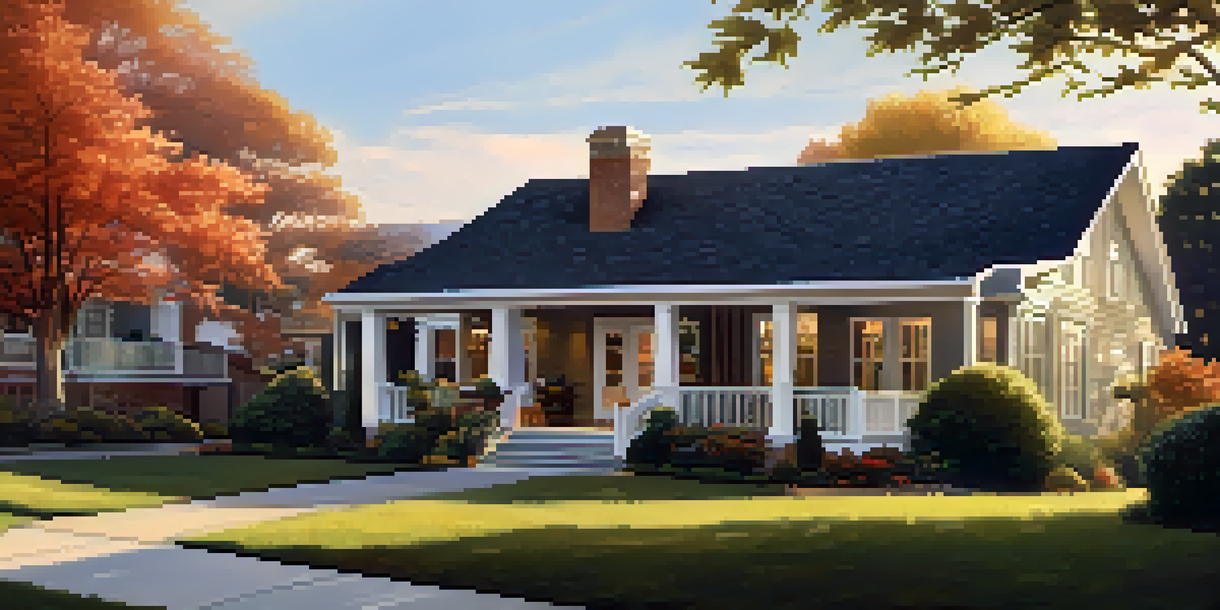 A suburban home with smart security cameras, illuminated by warm evening light, surrounded by beautiful landscaping.