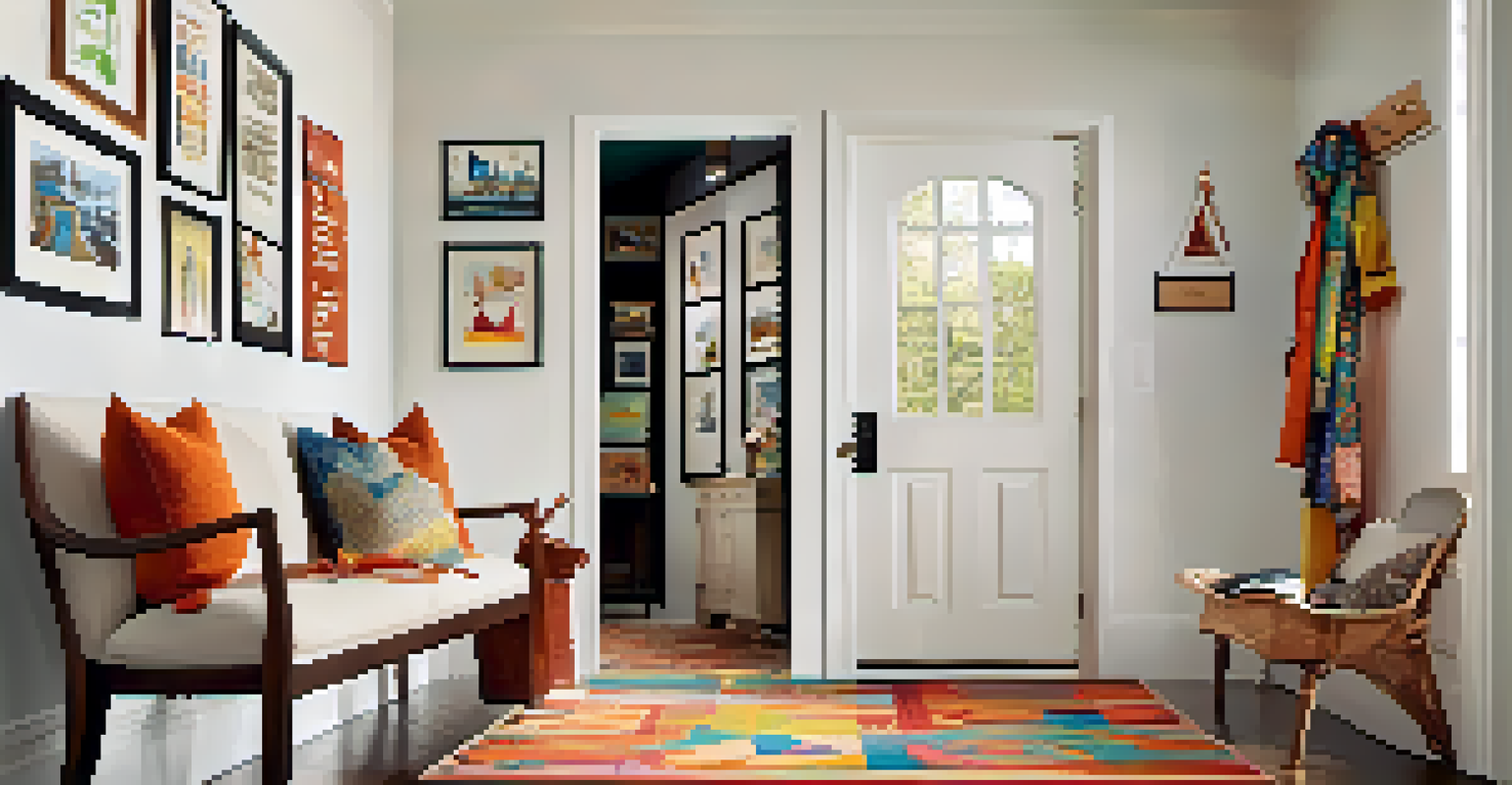 A lively entryway with a gallery wall of travel souvenirs, family photos, and a patterned rug on the floor.