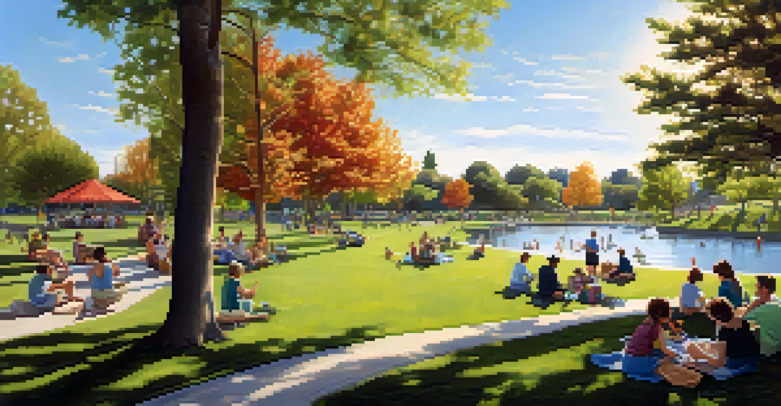 A serene community park with people picnicking, playing, and walking dogs, surrounded by lush greenery and a peaceful pond.